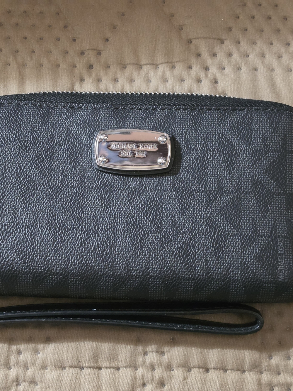 Michael Kors Black Leather Wristlet with Logo Plaque